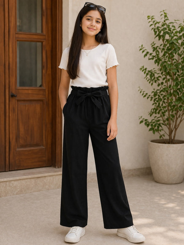 Black Straight Pants With Bow Belt