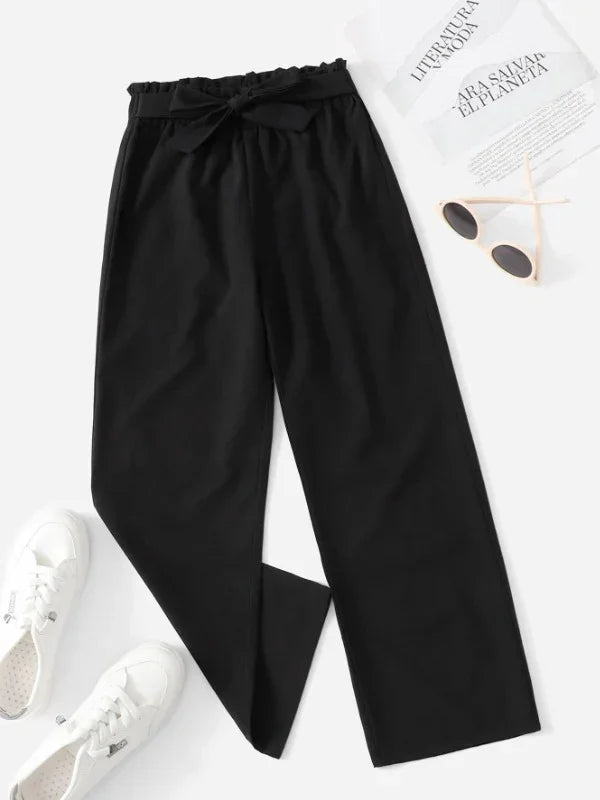 Black Straight Pants With Bow Belt