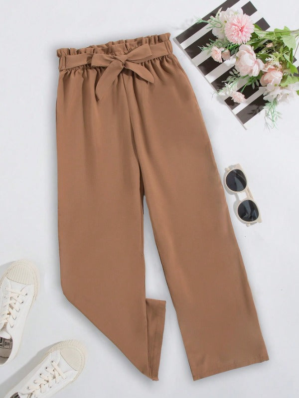 Brown Straight Pants With Bow Belt