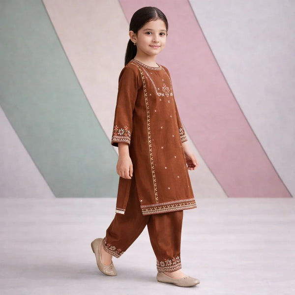 Embroidered Heritage Kurti Set (Brown)