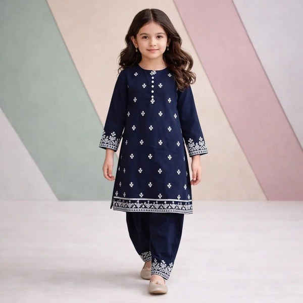 Embroidered Heritage Kurti Set (Navy)