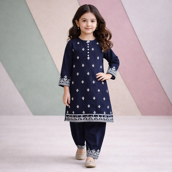 Embroidered Heritage Kurti Set (Navy)