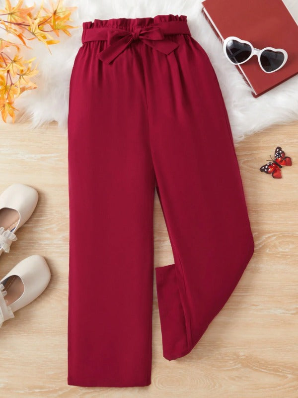 Maroon Straight Pants With Bow Belt