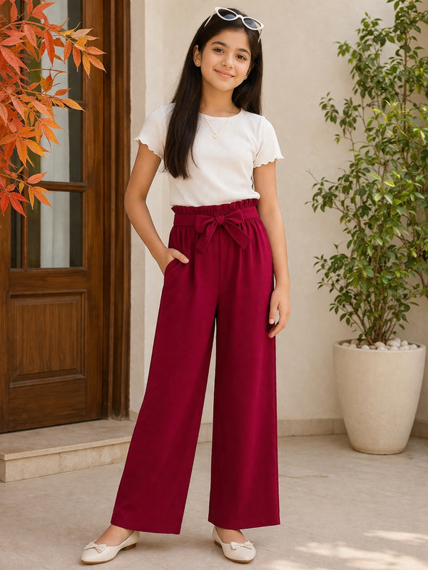 Maroon Straight Pants With Bow Belt