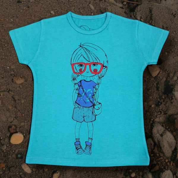 Red Glasses Girl Graphic Tee (Cyan)