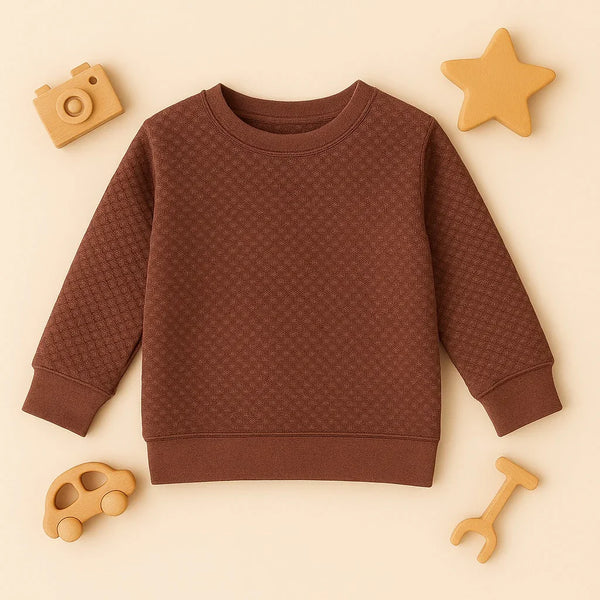 Textured brown toddler sweatshirt on beige background with wooden toys camera star car and rake