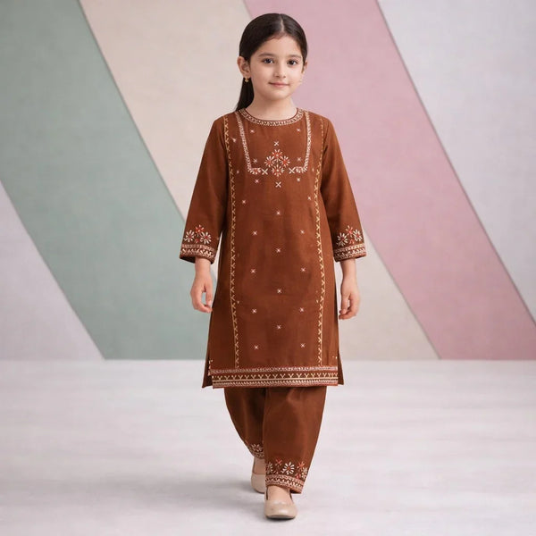 Embroidered Heritage Kurti Set (Brown)