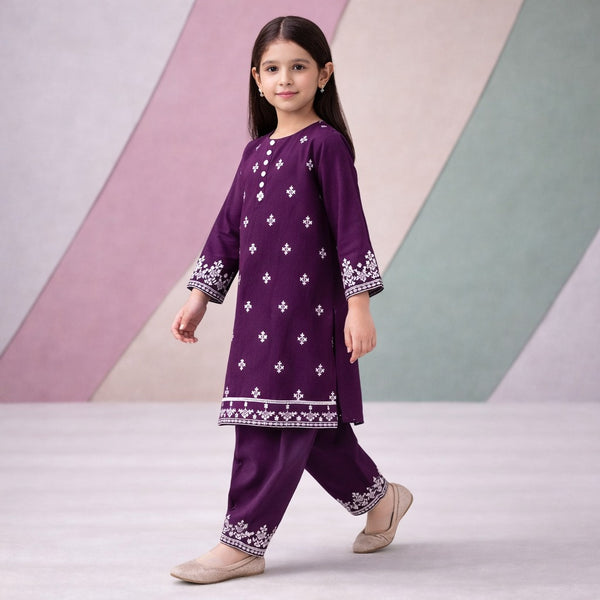 Embroidered Heritage Kurti Set (Purple)