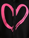 Heart Printed Zipper Hood Black