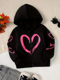 Heart Printed Zipper Hood Black