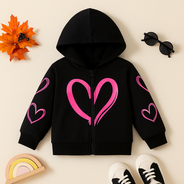 Heart Printed Zipper Hood Black