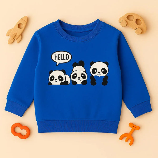 Blue kids sweatshirt with three cartoon pandas and a speech bubble saying HELLO, surrounded by wooden toys