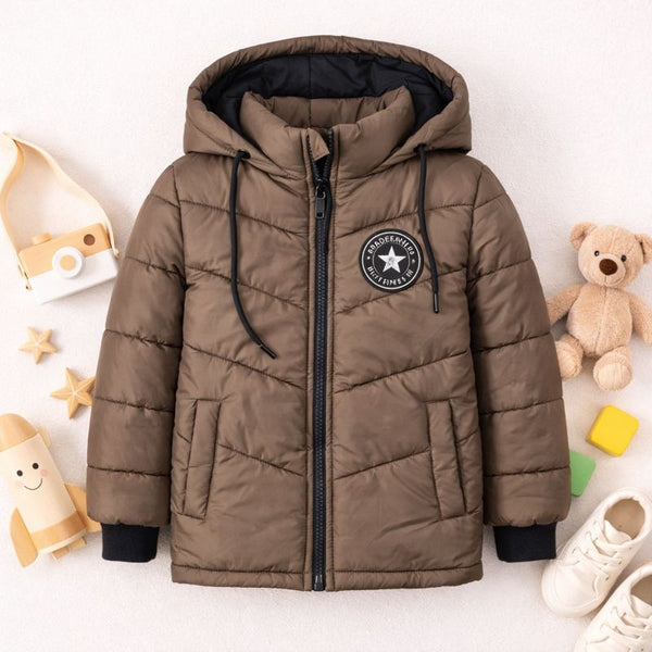 Brown toddler puffer jacket with hood and front zipper, surrounded by toys and white shoes