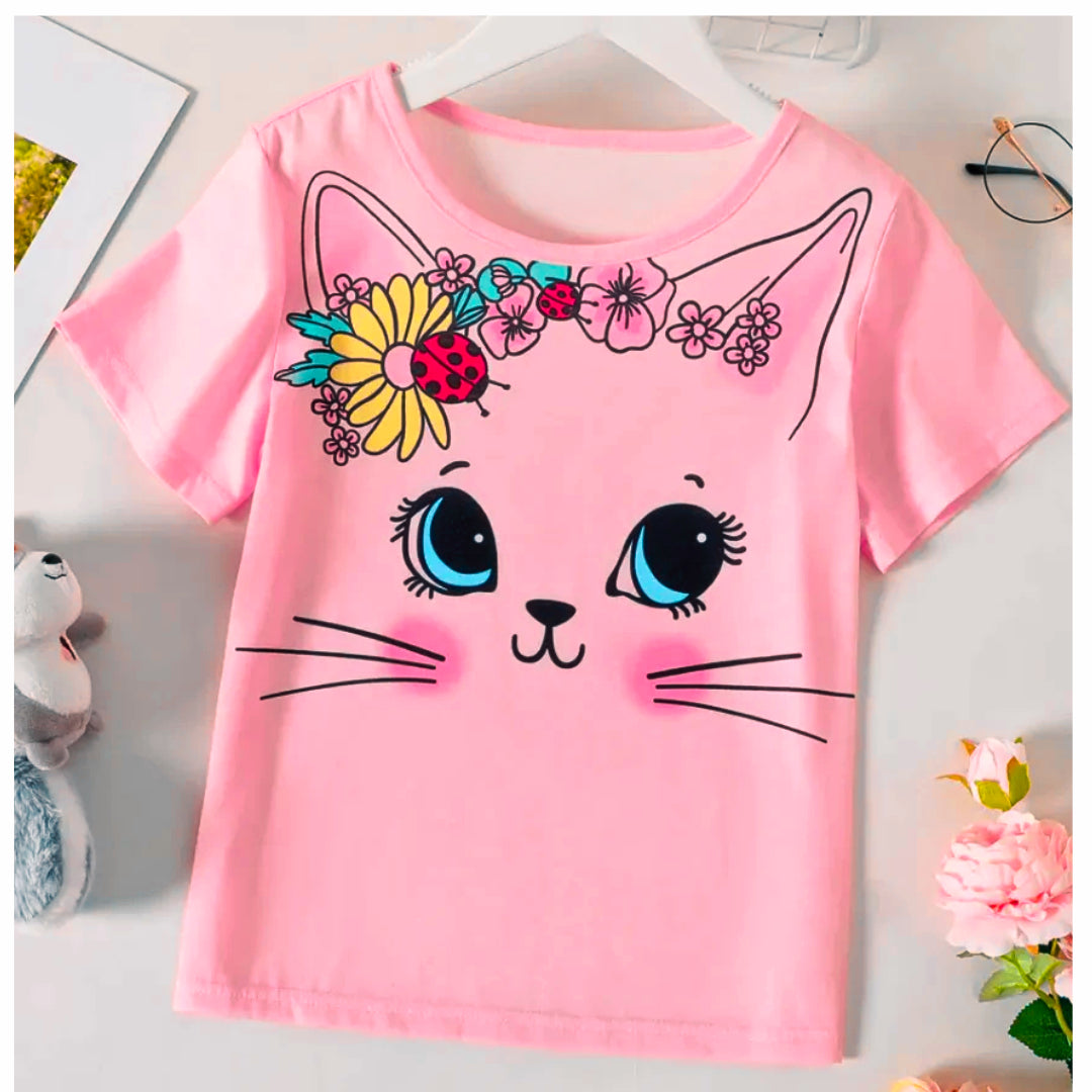 Pink Flower Cat Graphic Tee